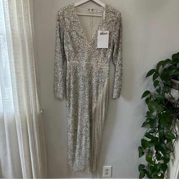 Mac Duggal 5741 Fringe Slit Plunging Neck Dress - Picture 3 of 11